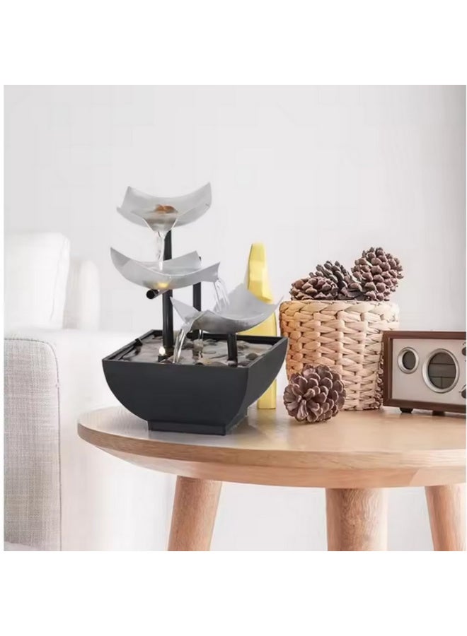 1pcs Tabletop Fountain Desktop Fountain Decoration with LED Light Stones 3 Tier Waterflow USB Powered for Home and Office (Sliver) - Image 2