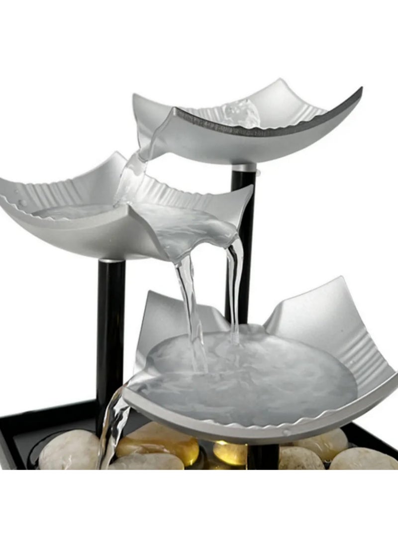 1pcs Tabletop Fountain Desktop Fountain Decoration with LED Light Stones 3 Tier Waterflow USB Powered for Home and Office (Sliver) - Image 3