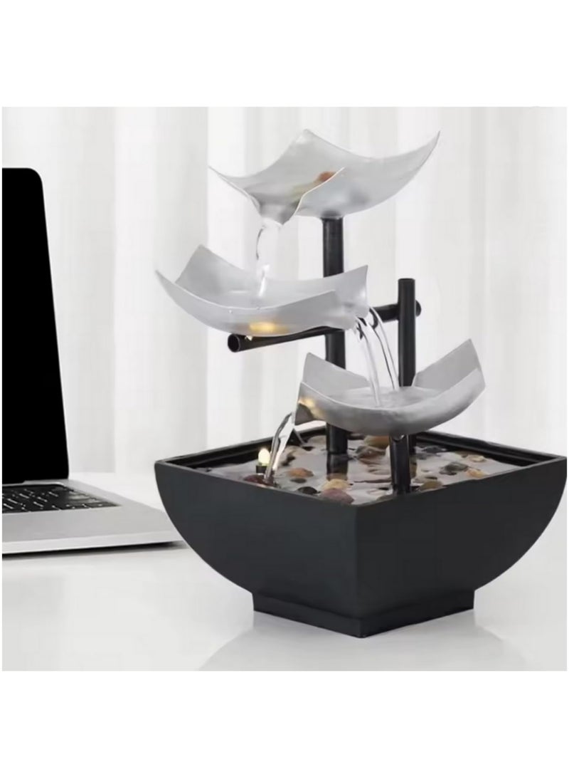 1pcs Tabletop Fountain Desktop Fountain Decoration with LED Light Stones 3 Tier Waterflow USB Powered for Home and Office (Sliver) - Image 4