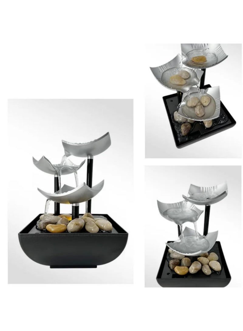 1pcs Tabletop Fountain Desktop Fountain Decoration with LED Light Stones 3 Tier Waterflow USB Powered for Home and Office (Sliver) - Image 5
