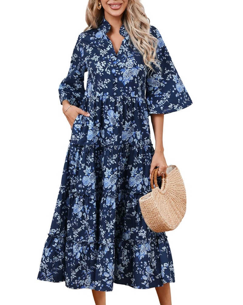 YEXPINE Women's Floral Ruffle Midi Dress V Neck Bell Sleeve Flowy Tiered Long Dress Navy Blue - Image 1