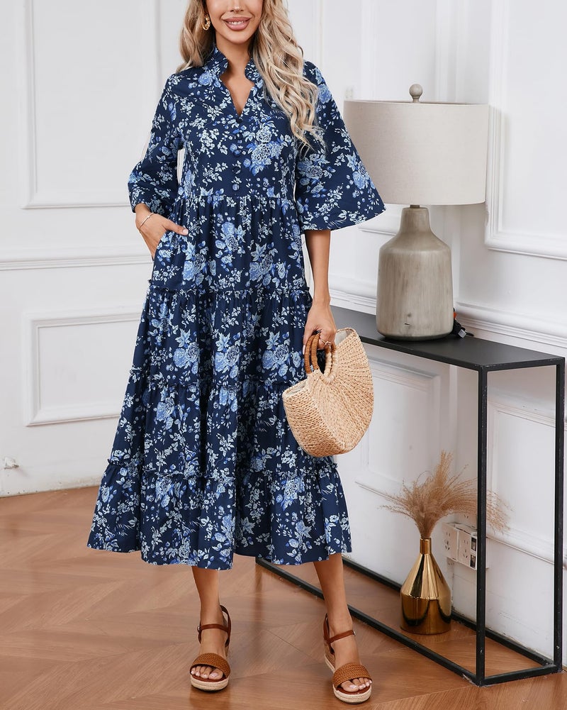 YEXPINE Women's Floral Ruffle Midi Dress V Neck Bell Sleeve Flowy Tiered Long Dress Navy Blue - Image 2