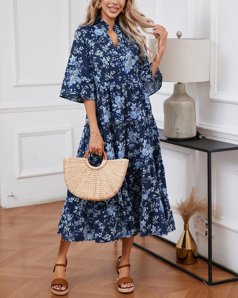 YEXPINE Women's Floral Ruffle Midi Dress V Neck Bell Sleeve Flowy Tiered Long Dress Navy Blue - Image 3