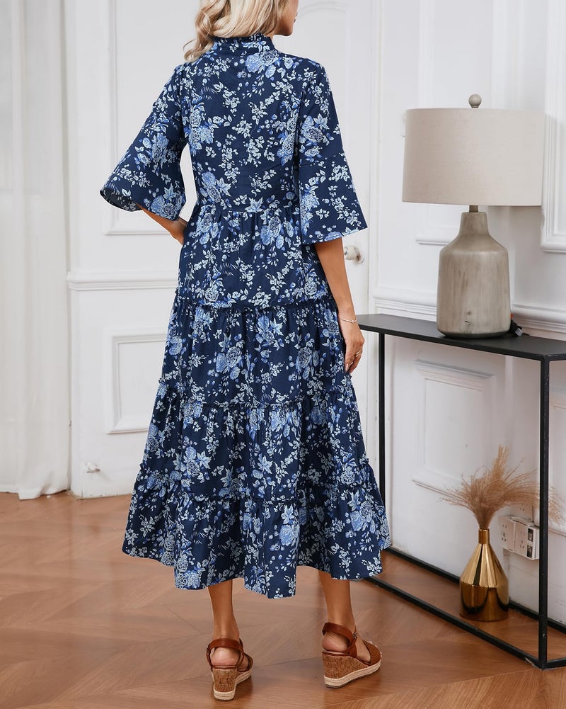 YEXPINE Women's Floral Ruffle Midi Dress V Neck Bell Sleeve Flowy Tiered Long Dress Navy Blue - Image 5