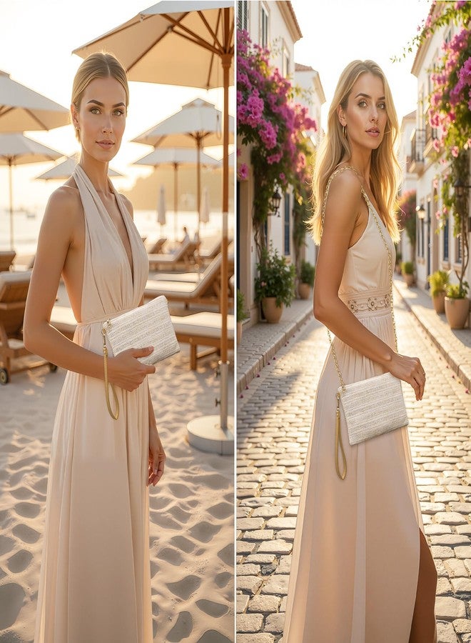 Larcenciel Straw Clutch Purses for Women w/Wrist Strap, Off-White Woven Beach Purse & Chain Zipper, Boho Evening Wristlet Wallet, Summer Shoulder Crossbody Bag for Wedding Prom Vacation,8.6x5.7x0.4in - Image 2