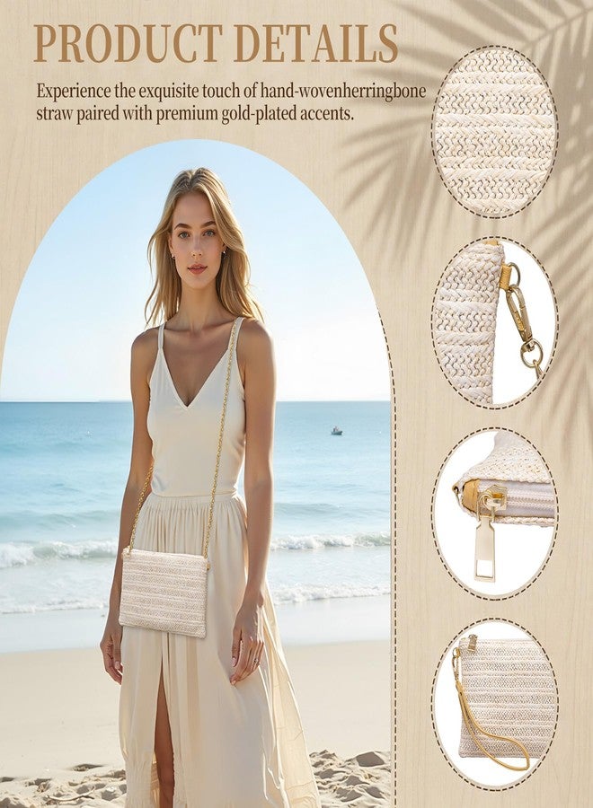 Larcenciel Straw Clutch Purses for Women w/Wrist Strap, Off-White Woven Beach Purse & Chain Zipper, Boho Evening Wristlet Wallet, Summer Shoulder Crossbody Bag for Wedding Prom Vacation,8.6x5.7x0.4in - Image 3
