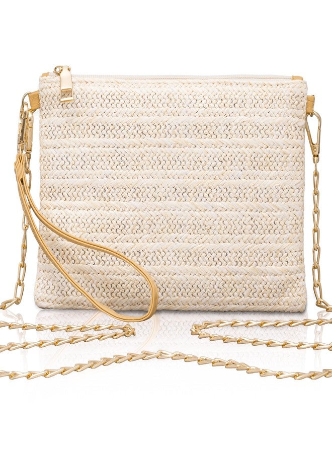 Larcenciel Straw Clutch Purses for Women w/Wrist Strap, Off-White Woven Beach Purse & Chain Zipper, Boho Evening Wristlet Wallet, Summer Shoulder Crossbody Bag for Wedding Prom Vacation,8.6x5.7x0.4in - Image 1