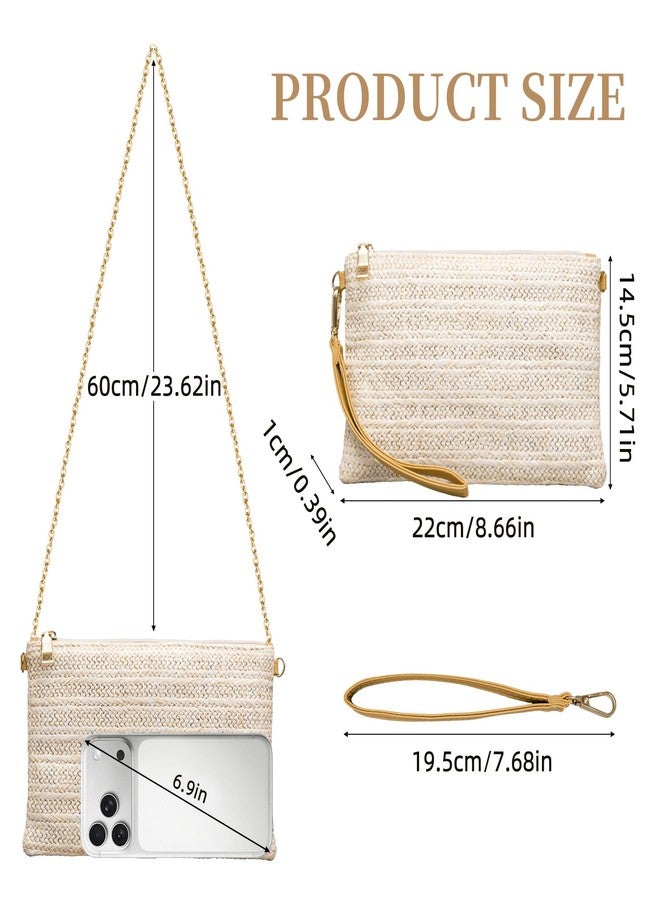 Larcenciel Straw Clutch Purses for Women w/Wrist Strap, Off-White Woven Beach Purse & Chain Zipper, Boho Evening Wristlet Wallet, Summer Shoulder Crossbody Bag for Wedding Prom Vacation,8.6x5.7x0.4in - Image 4