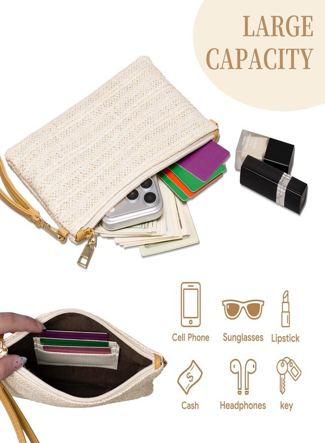 Larcenciel Straw Clutch Purses for Women w/Wrist Strap, Off-White Woven Beach Purse & Chain Zipper, Boho Evening Wristlet Wallet, Summer Shoulder Crossbody Bag for Wedding Prom Vacation,8.6x5.7x0.4in - Image 5