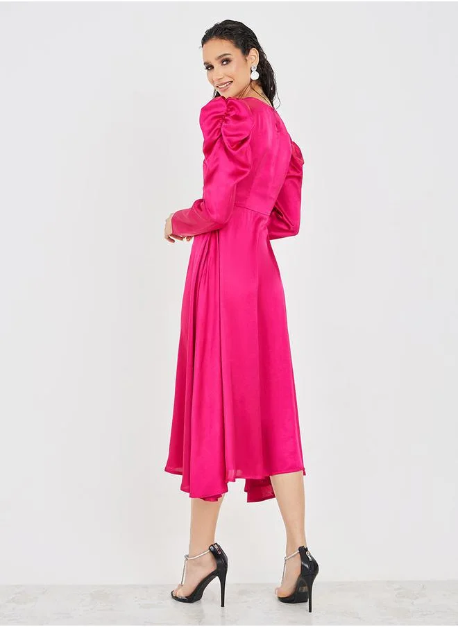 ستايلي Puff Sleeve Buckle Detail A-Line Midi Dress