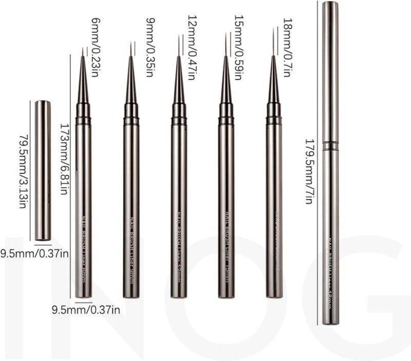 INOG Nail Art Brush Set, Nail Art Liner Brushes Nail Dotting Drawing Tool for Long Lines, Thin Details, Fine Drawing 5Pcs Set, Sizes 6/9/12/15/18mm(Silver) Nylon, Fine Point Bristle - Image 3