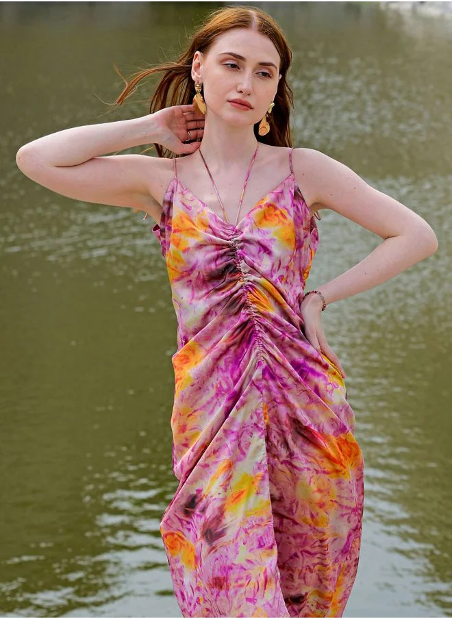 Freehand Women Regular Fit Casual Abstract Print Ruched Dress