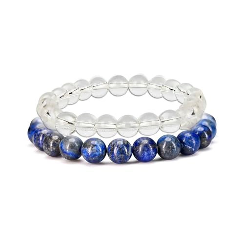 GEMSMANTRA Clear Quartz & Blue Lapis Lazuli Combo Crystal Bracelet | Lab Certified 8mm Round Cut Beads | Unisex Healing Bracelet for Men & Women | Enhances Clarity, Wisdom & Communication - Image 2