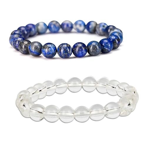 GEMSMANTRA Clear Quartz & Blue Lapis Lazuli Combo Crystal Bracelet | Lab Certified 8mm Round Cut Beads | Unisex Healing Bracelet for Men & Women | Enhances Clarity, Wisdom & Communication - Image 3