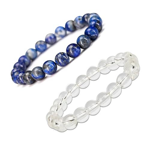 GEMSMANTRA Clear Quartz & Blue Lapis Lazuli Combo Crystal Bracelet | Lab Certified 8mm Round Cut Beads | Unisex Healing Bracelet for Men & Women | Enhances Clarity, Wisdom & Communication - Image 1