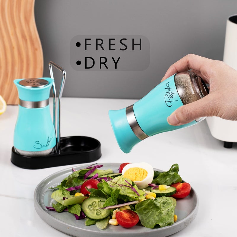 Lonffery Salt and Pepper Shakers Set, Stainless Steel with Glass Bottle for Table, RV, Camp, BBQ, Set of 2, Turquoise - Image 2