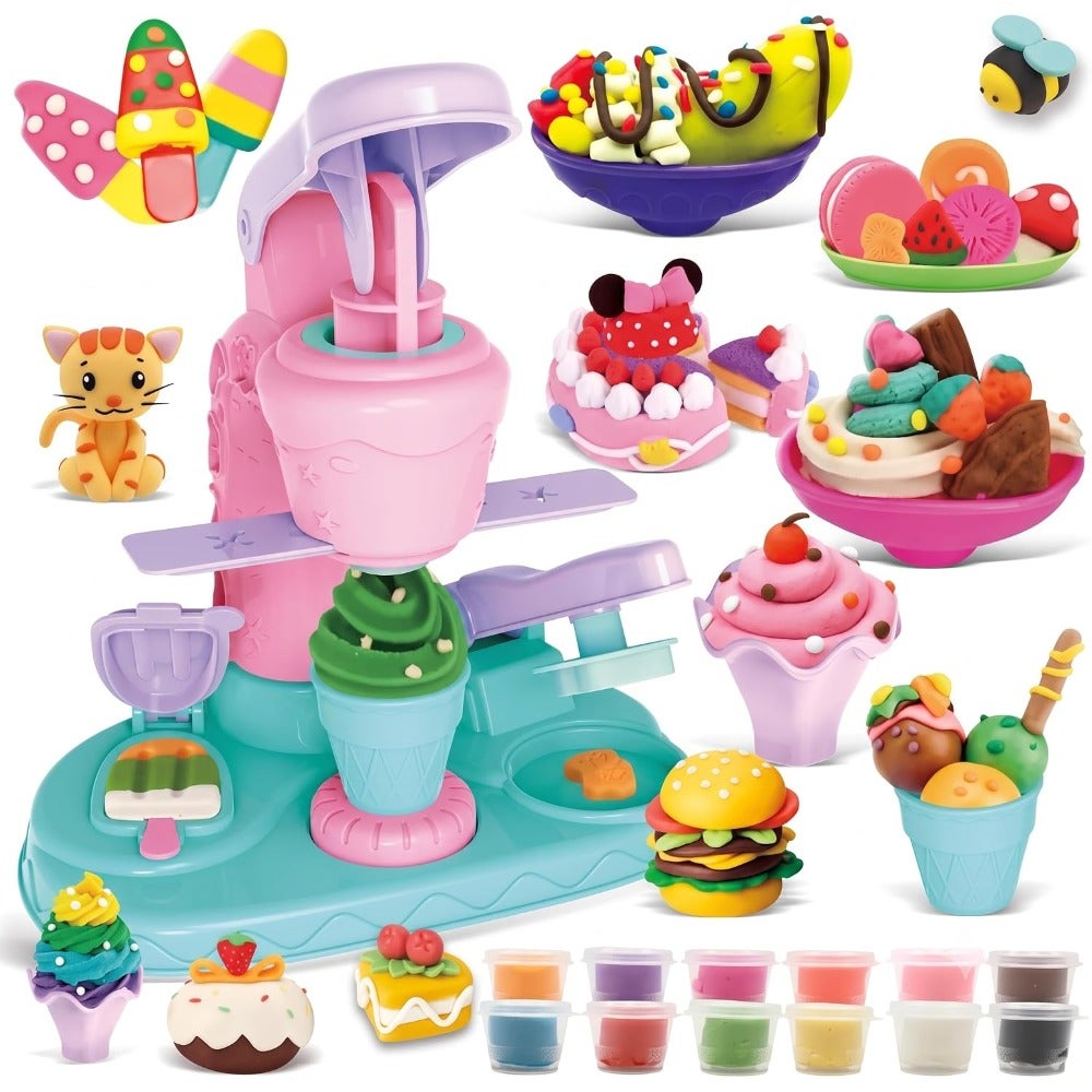 Playdough Set for Ages 3-8, Play Dough Tools with Ice Cream Maker Color Play Doh Set, Arts Crafts Playdough Toys for Girls Boys, Pretend Play Kitchen Creations Food Birthday Gifts for Boy Girl