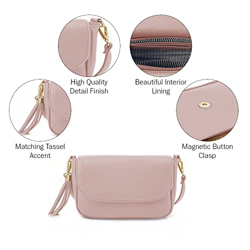 EVVE Small Crossbody Bag for Women Trendy Vegan Leather Flap Saddle Purses with Adjustable Shoulder Strap - Blush - Image 5