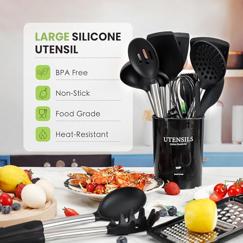 Fyvva Large Cooking Utensils Set, 35 Pcs Kitchen Utensils Set with Holder, Silicone Spatula Set with Stainless Steel Handle, Whisk, Basting Brush, Kitchen Gadgets for Nonstick Cookware (Black) - Image 2