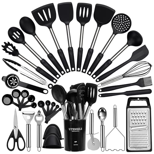 Fyvva Large Cooking Utensils Set, 35 Pcs Kitchen Utensils Set with Holder, Silicone Spatula Set with Stainless Steel Handle, Whisk, Basting Brush, Kitchen Gadgets for Nonstick Cookware (Black) - Image 1