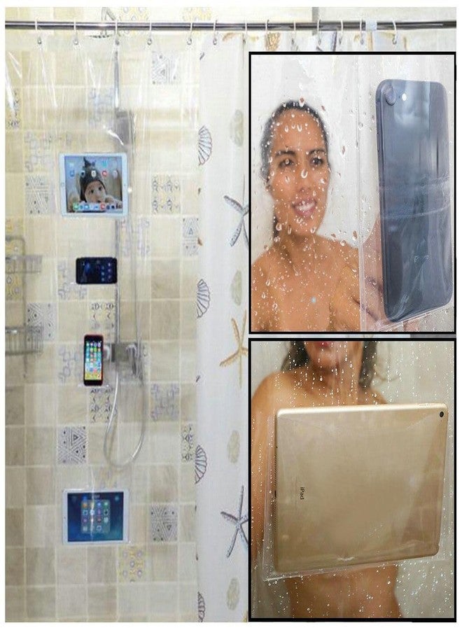 Fangkun iPad Mount Clear Shower Curtain Liner - 4 Touch-sensative Pockets - Bath/Shower Organizer - Bathroom Storage Bag 32 x 72 inches - Image 1