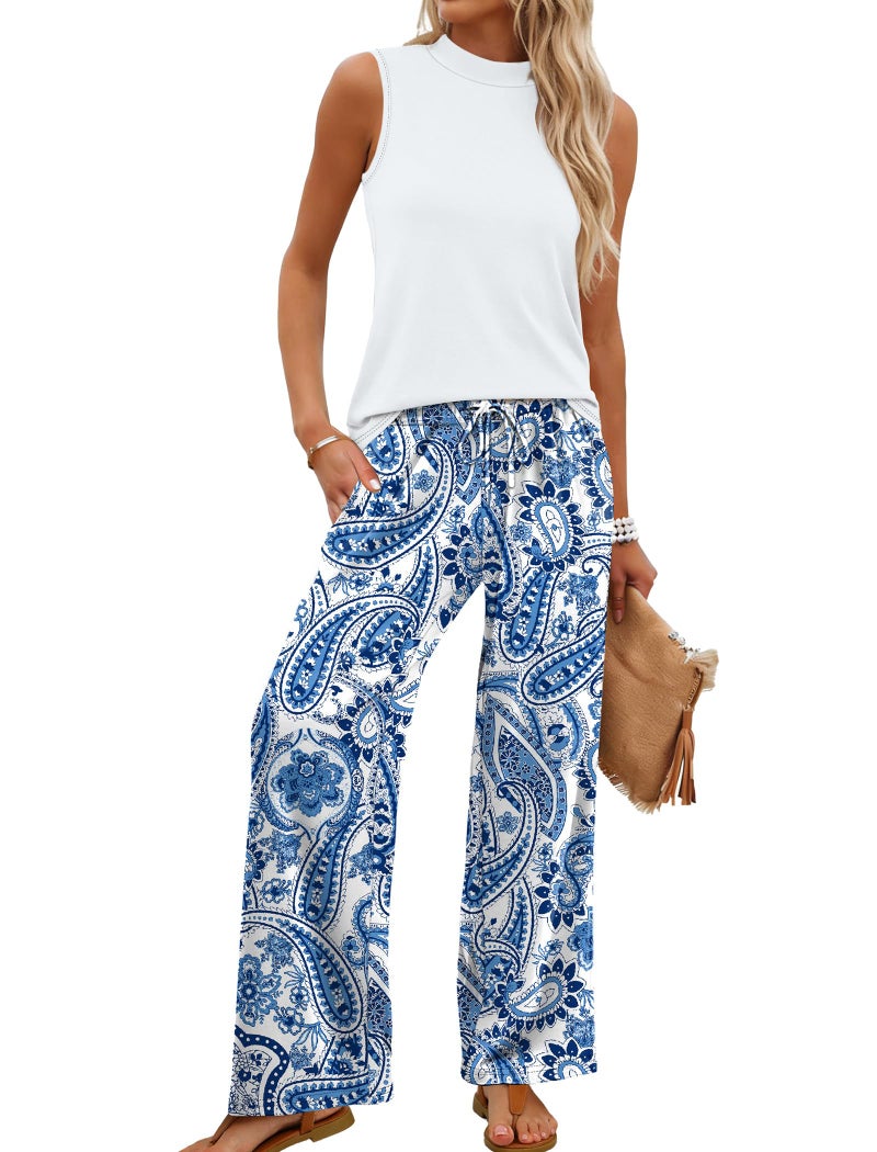 WIHOLL Two Piece Set for Women Summer Spring Outfits Cruise Travel Airport Beach Vacation Clothes Hawaiian Boho Trendy Lounge Sets Mock Neck Matching Women Clothing Wide Leg Pants Set XL - Image 1
