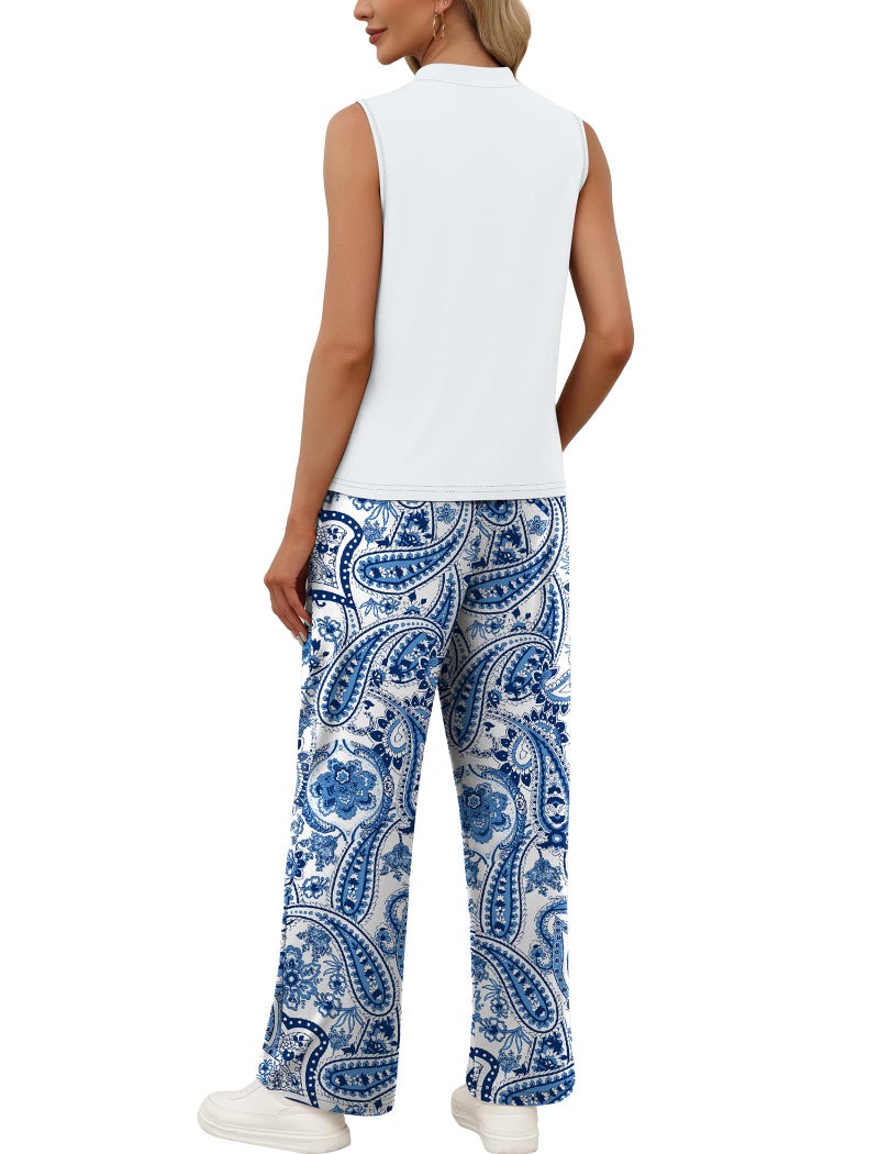 WIHOLL Two Piece Set for Women Summer Spring Outfits Cruise Travel Airport Beach Vacation Clothes Hawaiian Boho Trendy Lounge Sets Mock Neck Matching Women Clothing Wide Leg Pants Set XL - Image 4