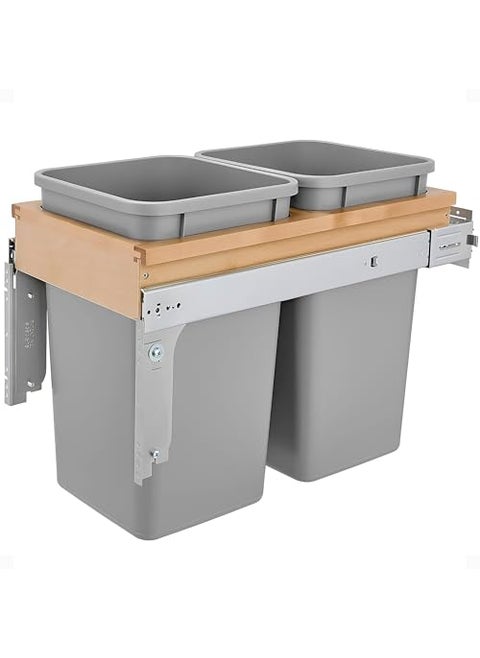 RevAShelf Dual Pullout Under Cabinet Trash Can with SoftClose Slides 27 Qt Garbage Bin for 12 x 15 Face Frame Silver4WCTM15BBSCDM2