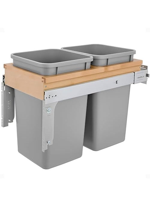 Rev-A-Shelf RevAShelf Dual Pullout Under Cabinet Trash Can with SoftClose Slides 27 Qt Garbage Bin for 12 x 15 Face Frame Silver4WCTM15BBSCDM2 