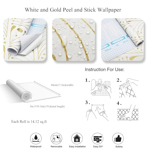Kitico Peel and Stick Wallpaper Gold and White Wallpaper Geometric Contact Paper Removable Self Adhesive Wall Paper Waterproof for Bathroom/Bedroom/Cabinet/shelf Home Decoration Vinyl Roll 17.3''x118.1'' - Image 3
