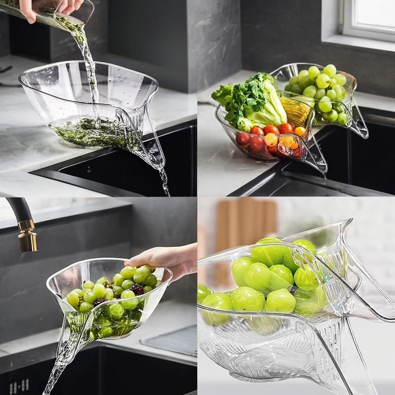 Duomama 2 Pack Transparent Drain Basket with Spout, Multipurpose Kitchen Rice Fruit Vegetable Washing Strainer, Easy Clean Space Saving Food Prep Colander - Image 4