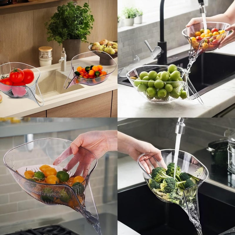 Duomama 2 Pack Transparent Drain Basket with Spout, Multipurpose Kitchen Rice Fruit Vegetable Washing Strainer, Easy Clean Space Saving Food Prep Colander - Image 3