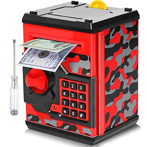 Vcertcpl ATM Piggy Bank for Boys Girls Vcertcpl Mini ATM Coin Bank Money Saving Box with Password Kids Safe Money Jar for Adults with Auto Grab Bill Slot Great Gift Toy Bank for KidsCamouflage Red - Image 1