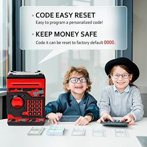 Vcertcpl ATM Piggy Bank for Boys Girls Vcertcpl Mini ATM Coin Bank Money Saving Box with Password Kids Safe Money Jar for Adults with Auto Grab Bill Slot Great Gift Toy Bank for KidsCamouflage Red - Image 5