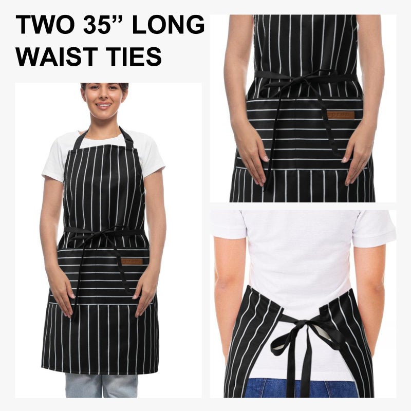 DILLMAN Kitchen Cooking Adjustable Aprons - Men Women Bib Soft Chef Stripes Apron with 2 Pockets (Wide Black Strips) - Image 3