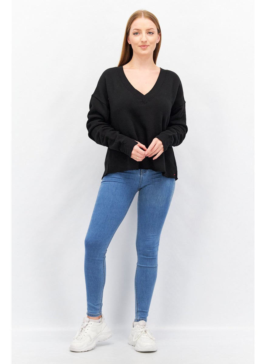N:Philanthropy Women V-Neck Long Sleeves Solid Sweatshirt, Black  - Image 2
