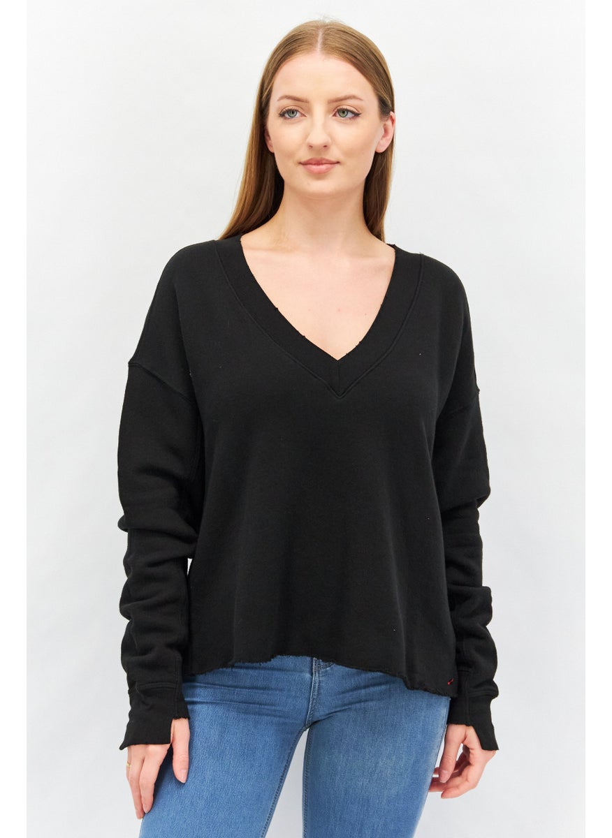 N:Philanthropy Women V-Neck Long Sleeves Solid Sweatshirt, Black  - Image 1