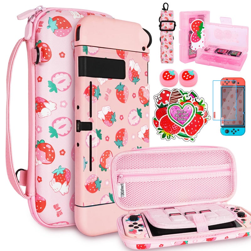 TIKOdirect Carrying Case for Switch Cute Portable Travel Bag Accessories with Soft Protective Cover Screen Protectors and Thumb grip caps Game Card Case 7in1 Pink - Image 2