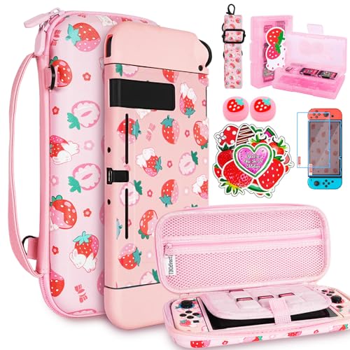 TIKOdirect Carrying Case for Switch Cute Portable Travel Bag Accessories with Soft Protective Cover Screen Protectors and Thumb grip caps Game Card Case 7in1 Pink - Image 1