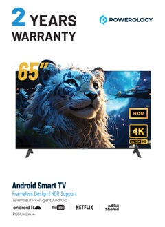 Powerology 65 inch UHD 4K Smart TV Android DLED Frameless Design/ HDR Support / 3840x2160 Resolution / Speaker / Maxhub Share / 3x HD Inputs / YouTube/ Netflix/ Shahid/Movies/Home/ User-Friendly Interface - Black  - Image 1