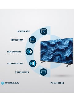 باورولوجي تلفزيون ذكي مقاس 65 بوصة UHD 4K Android DLED بدون إطار / دعم HDR / دقة 3840x2160 / مكبر صوت / Maxhub Share / 3x HD Inputs / YouTube/ Netflix/ Shahid/Movies/Home/ واجهة سهلة الاستخدام - أسود  - Image 2