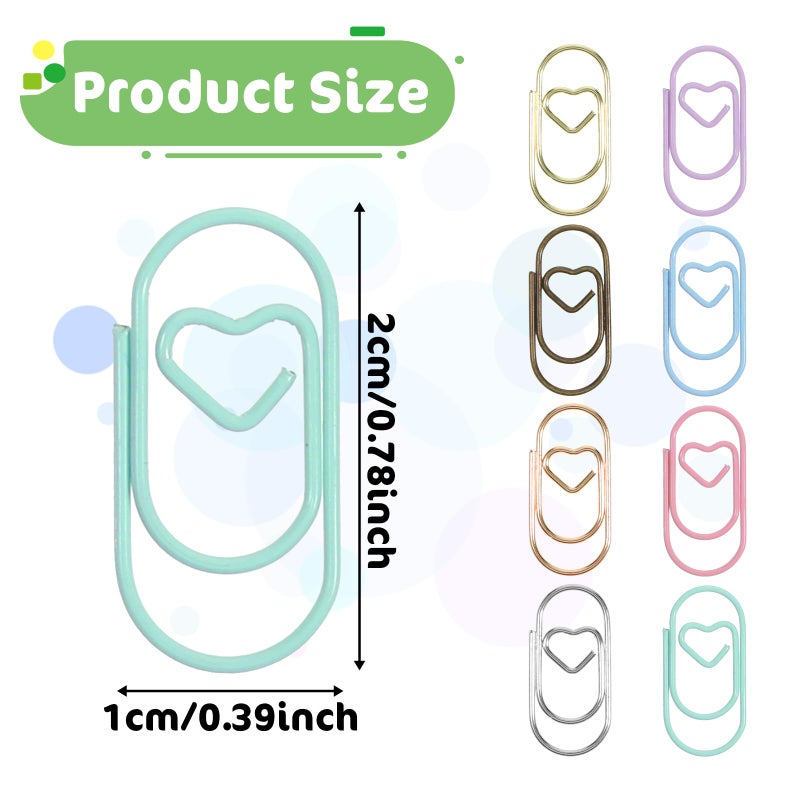 Qulkws 100 Pcs Heart Paper Clips Small Paper Clips Cute Mini Paperclips Papers Clamp for Document Note Decoration Organizing (Colorful) - Image 2