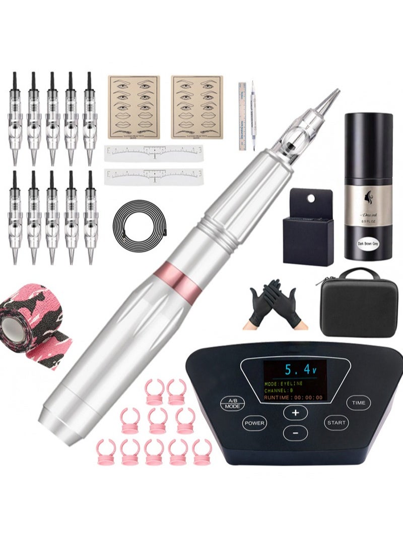 HaLunhi Eyebrow Tattoo Machine Set，Makeup Set，Multi-Function Touch Control Power Eyebrow Tattoo Full Set Combination Pack，Silver Rotary Tattoo Machine Pen Practice Skin 15ml Ink 10 Pieces Cartridge Needle  - Image 1