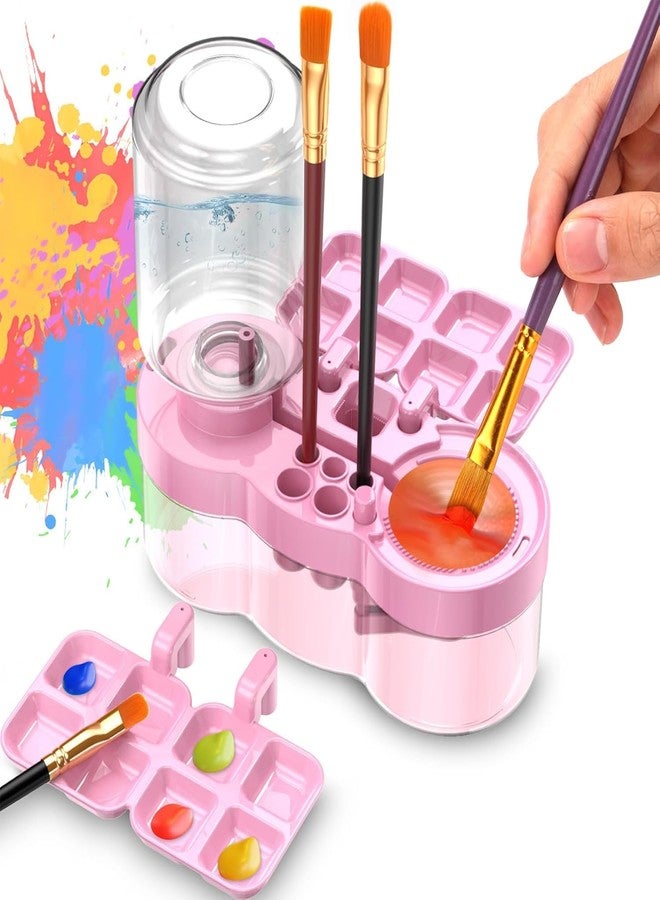 Parssufy Paint Brush Cleaner with Paint Tray, 6-in-1 Water Circulation Rinser Paintbrush Cleaner with Drain & Brush Holder, Watercolor Dispenser & Paint Palette, Paint Brush Washer (Pink) - Image 1