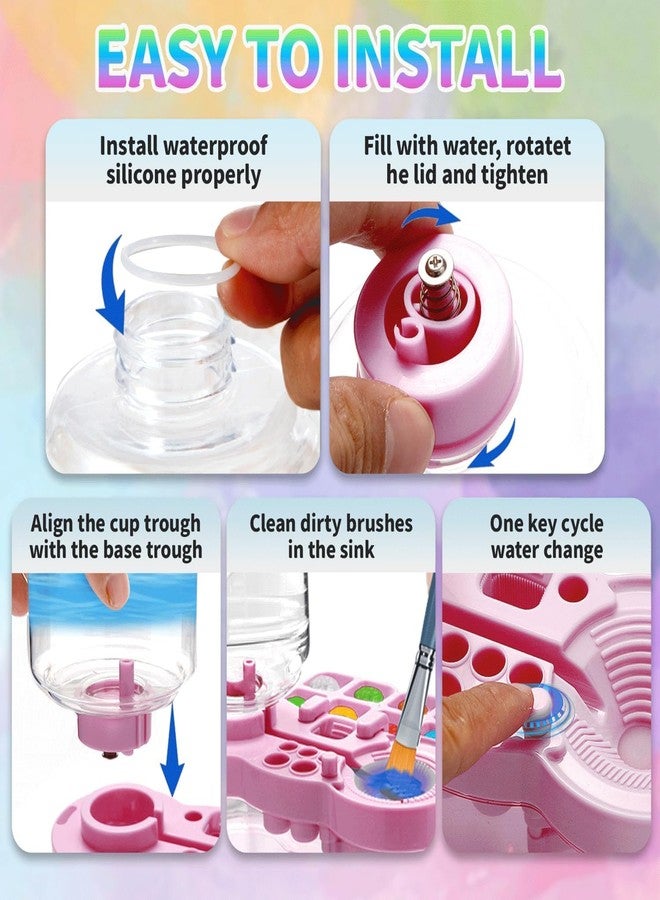 Parssufy Paint Brush Cleaner with Paint Tray, 6-in-1 Water Circulation Rinser Paintbrush Cleaner with Drain & Brush Holder, Watercolor Dispenser & Paint Palette, Paint Brush Washer (Pink) - Image 3