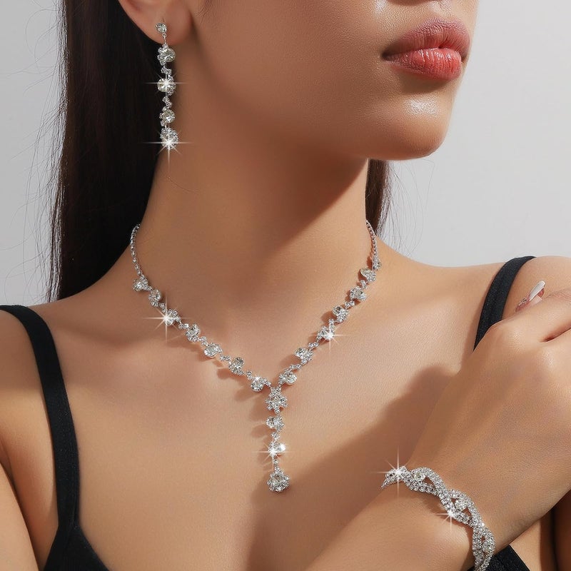 Cicod Silver Prom Earrings Necklace Bracelet Set Elegant Crystal Necklace Earrings Bracelet Bridal Wedding Prom Costume Silver Jewelry Sets for Women - Image 2