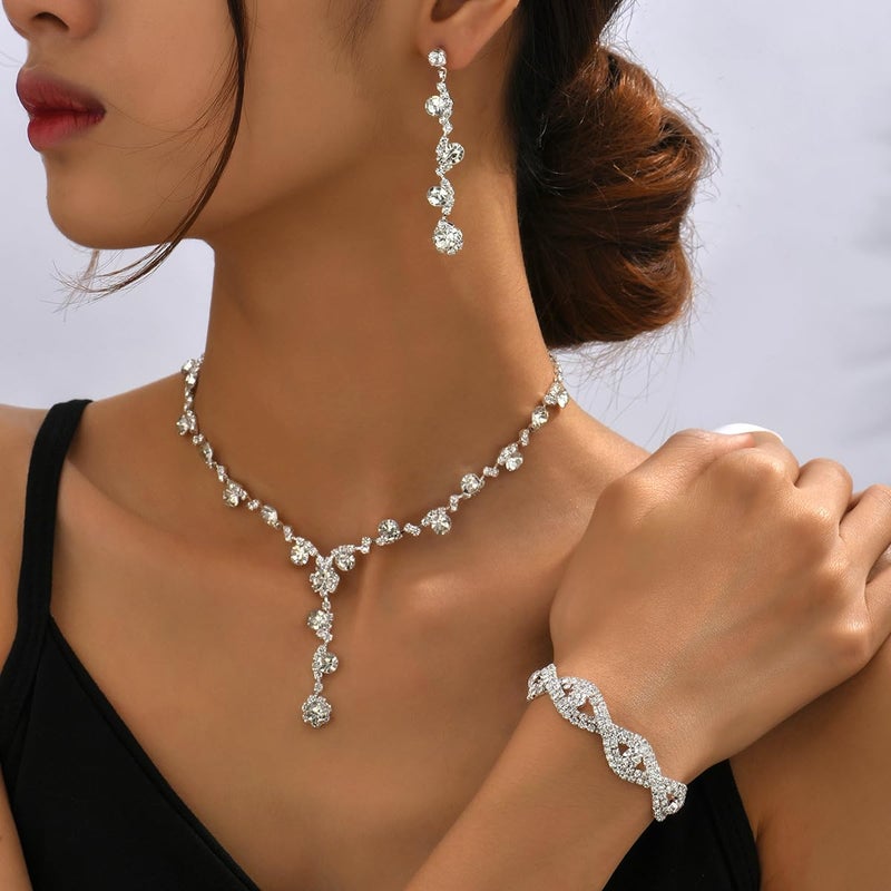 Cicod Silver Prom Earrings Necklace Bracelet Set Elegant Crystal Necklace Earrings Bracelet Bridal Wedding Prom Costume Silver Jewelry Sets for Women - Image 3