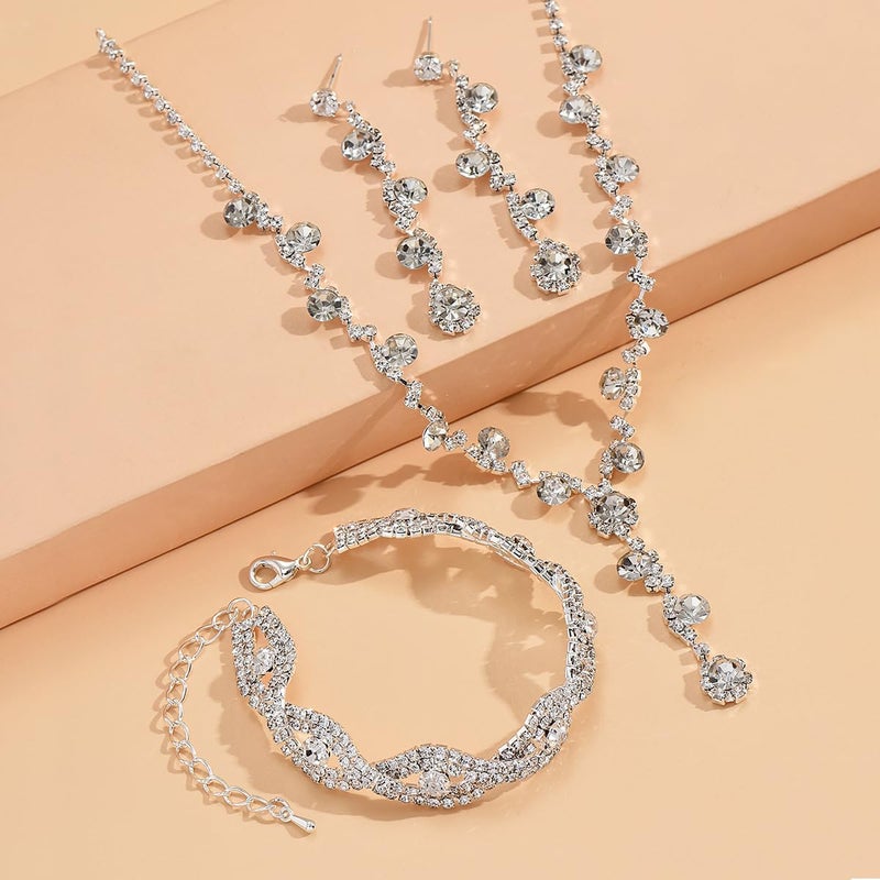 Cicod Silver Prom Earrings Necklace Bracelet Set Elegant Crystal Necklace Earrings Bracelet Bridal Wedding Prom Costume Silver Jewelry Sets for Women - Image 4