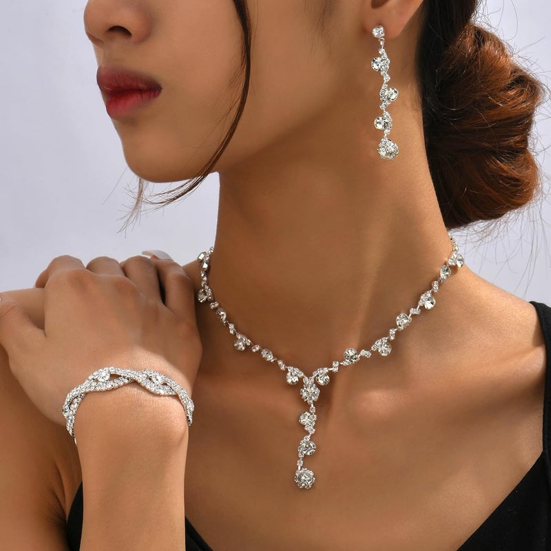 Cicod Silver Prom Earrings Necklace Bracelet Set Elegant Crystal Necklace Earrings Bracelet Bridal Wedding Prom Costume Silver Jewelry Sets for Women - Image 5