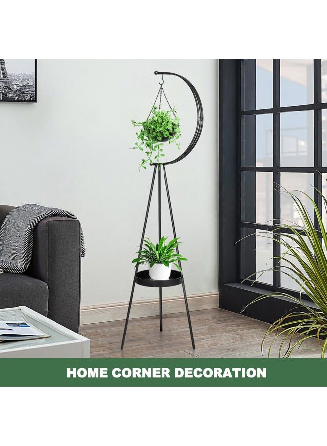 airogym Plant Stand, Metal Plant Holder Indoor Outdoor, Modern Iron Flower Pots Rack, Multifunctional Planter Display Shelf with Hanging Planters for Garden Patio Room, Corner Balcony Decor (Black) - Image 3